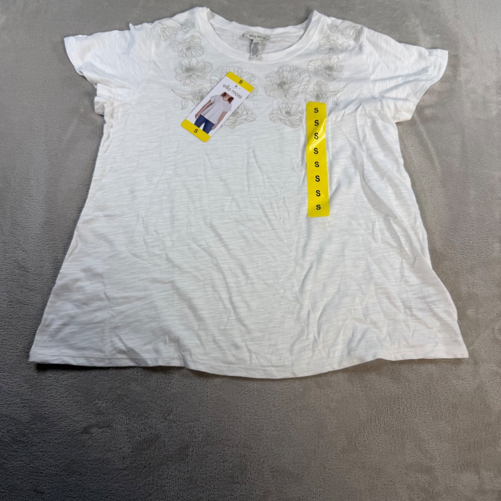 Ella Moss Floral Embroidered T-Shirt Womens Small White Cotton Modal Slub Tee